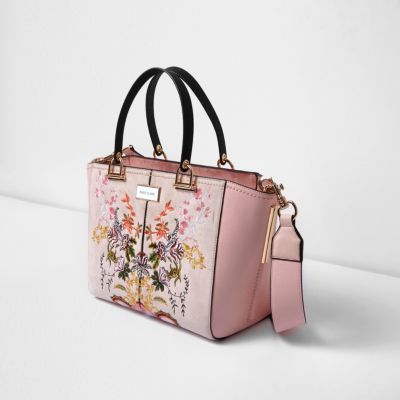 Pink floral embroidered tote bag